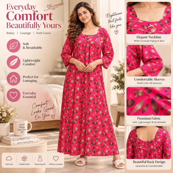 Women’s_Pink_Leaf_Print_Nighty_|_Full_Length_Night_Dress_|_3/4_Sleeve_Nightgown_|_Comfortable_Sleepwear