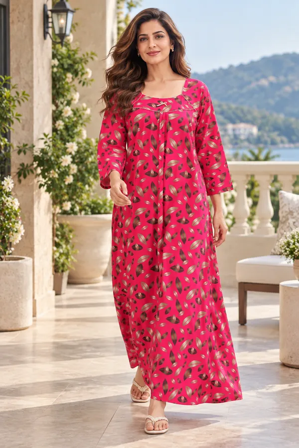 Women’s_Pink_Leaf_Print_Nighty_|_Full_Length_Night_Dress_|_3/4_Sleeve_Nightgown_|_Comfortable_Sleepwear