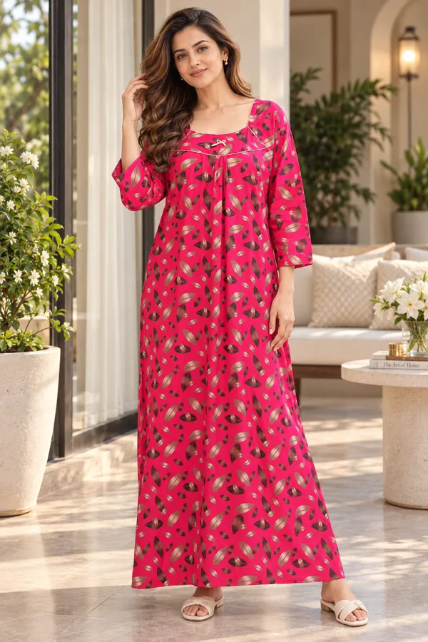 Women’s_Pink_Leaf_Print_Nighty_|_Full_Length_Night_Dress_|_3/4_Sleeve_Nightgown_|_Comfortable_Sleepwear