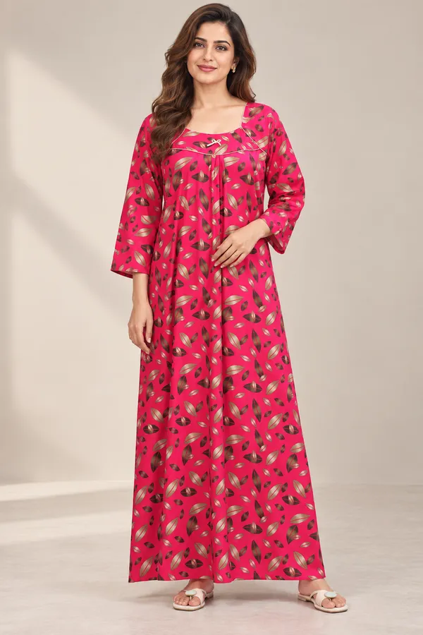 Women’s_Pink_Leaf_Print_Nighty_|_Full_Length_Night_Dress_|_3/4_Sleeve_Nightgown_|_Comfortable_Sleepwear