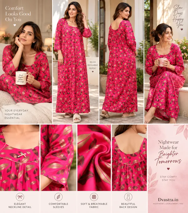 Women’s_Pink_Leaf_Print_Nighty_|_Full_Length_Night_Dress_|_3/4_Sleeve_Nightgown_|_Comfortable_Sleepwear