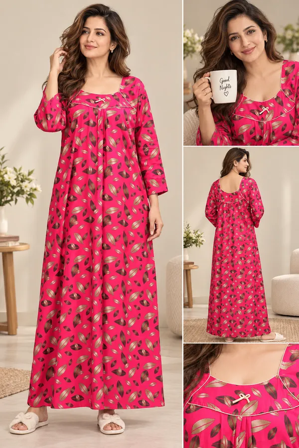 Women’s_Pink_Leaf_Print_Nighty_|_Full_Length_Night_Dress_|_3/4_Sleeve_Nightgown_|_Comfortable_Sleepwear