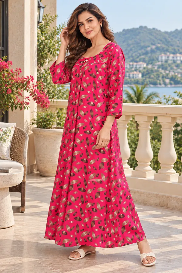 Women’s_Pink_Leaf_Print_Nighty_|_Full_Length_Night_Dress_|_3/4_Sleeve_Nightgown_|_Comfortable_Sleepwear