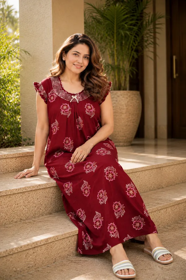 D_Vastra_Maroon_Gauging_Stylish_Cotton_Nighty_For_Women