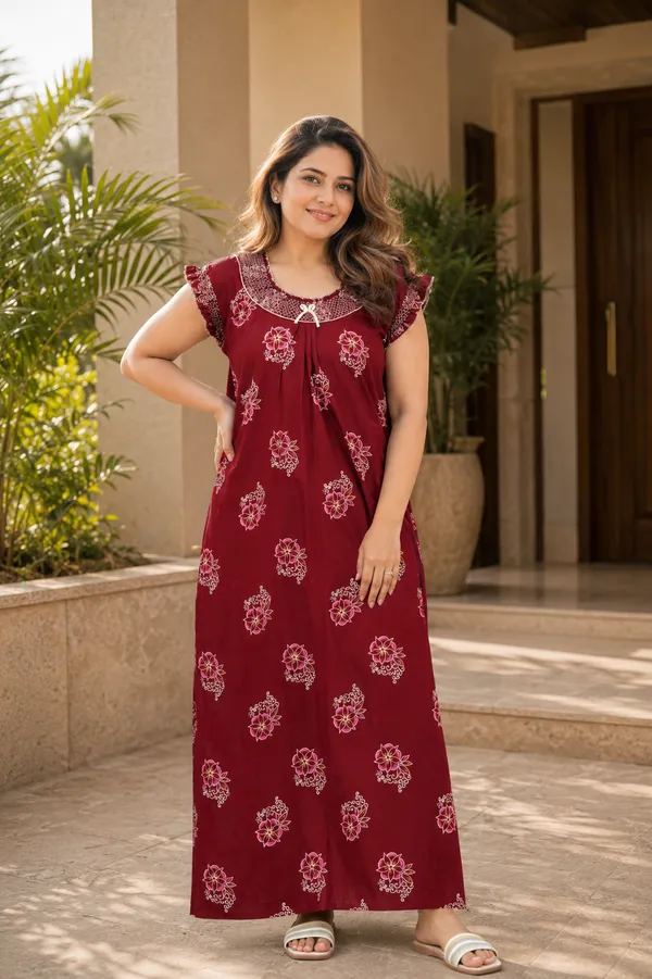 D_Vastra_Maroon_Gauging_Stylish_Cotton_Nighty_For_Women