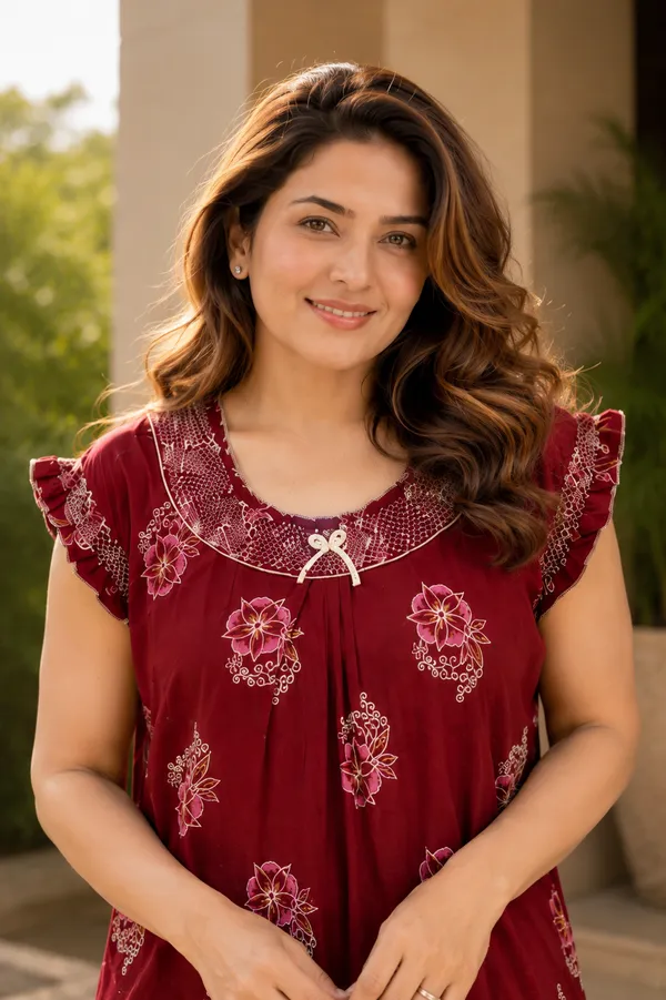 D_Vastra_Maroon_Gauging_Stylish_Cotton_Nighty_For_Women