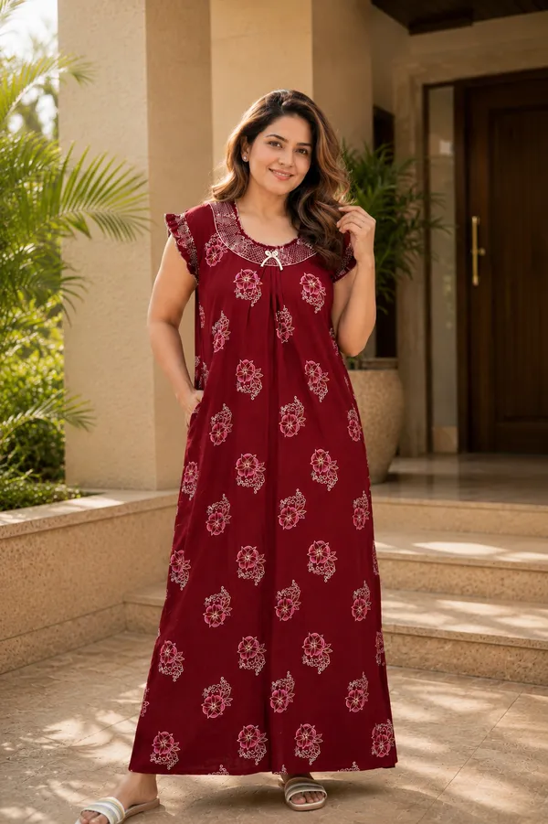 D_Vastra_Maroon_Gauging_Stylish_Cotton_Nighty_For_Women