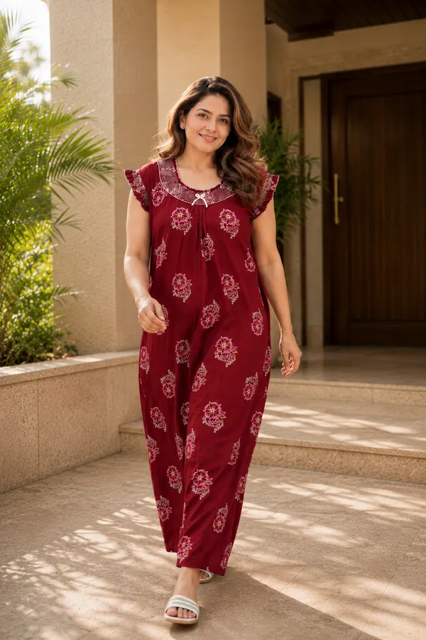 D_Vastra_Maroon_Gauging_Stylish_Cotton_Nighty_For_Women