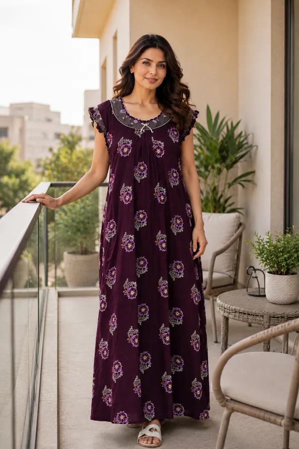 D_Vastra_Purple_Gauging_Cotton_Nighty_For_Women