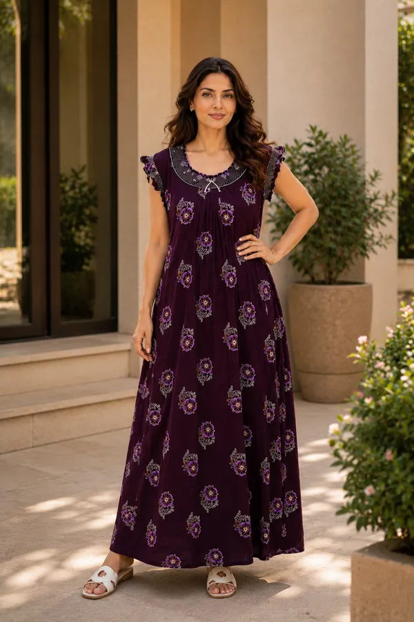 D_Vastra_Purple_Gauging_Cotton_Nighty_For_Women