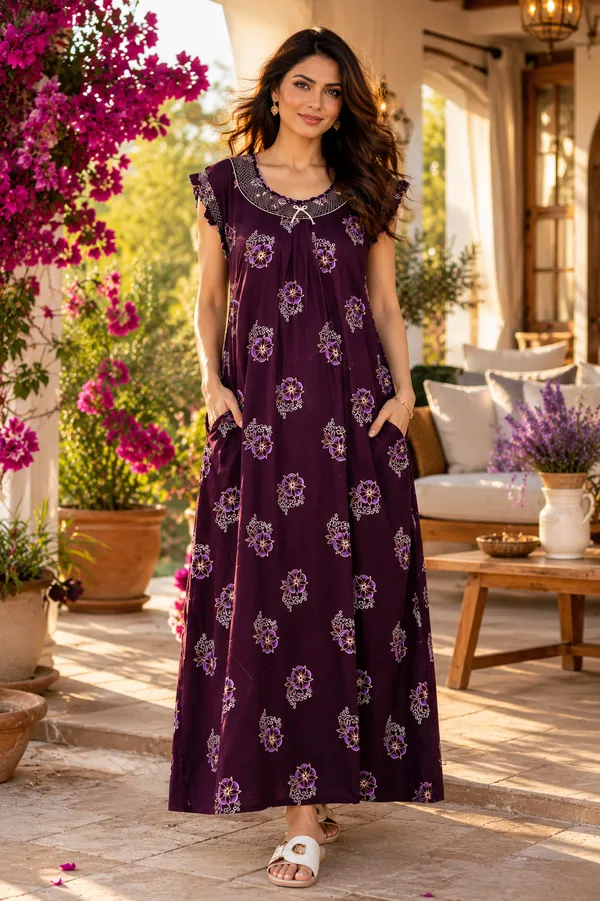 D_Vastra_Purple_Gauging_Cotton_Nighty_For_Women
