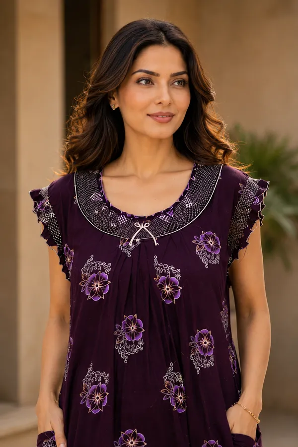 D_Vastra_Purple_Gauging_Cotton_Nighty_For_Women