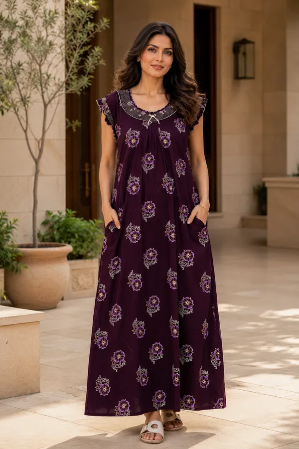 D_Vastra_Purple_Gauging_Cotton_Nighty_For_Women