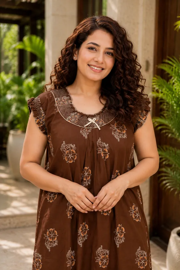 D_Vastra_Brown_Gauging_Cotton_Nighty_For_Women