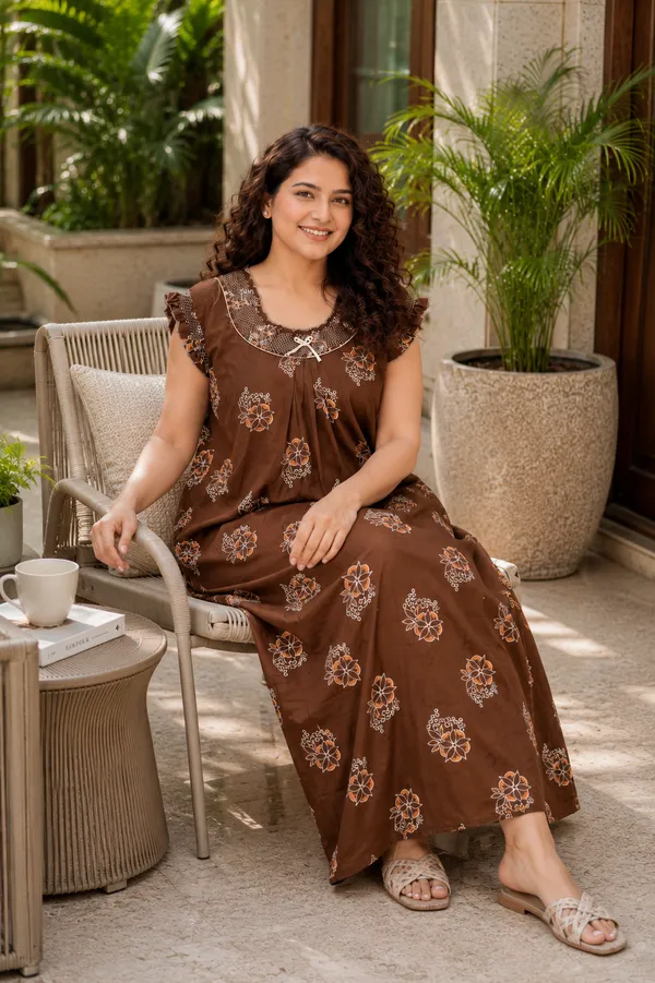 D_Vastra_Brown_Gauging_Cotton_Nighty_For_Women