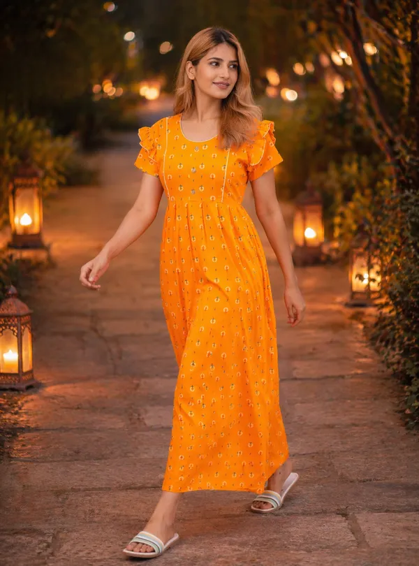 D_Vastra_Yellow_Semi_Frock_Cotton_Nighty_For_Women