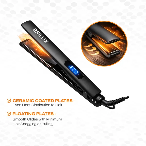BRILLIX_Professional_Hair_Straightener_with_Digital_Display,_Titanium_Floating_Plates,_230°C_Max_Temperature,_1-Minute_Fast_Heat-Up_&_360°_Swivel_Cord_(Black)