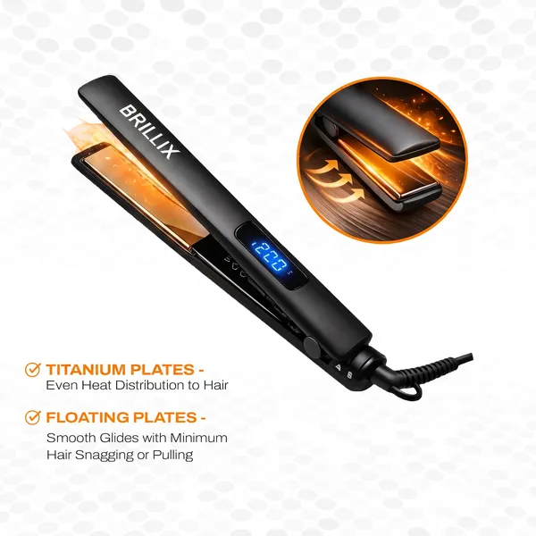 BRILLIX_Professional_Hair_Straightener_with_Digital_Display,_Titanium_Floating_Plates,_230°C_Max_Temperature,_1-Minute_Fast_Heat-Up_&_360°_Swivel_Cord_(Black)