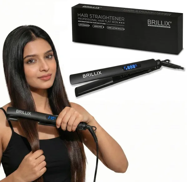 BRILLIX_Professional_Hair_Straightener_with_Digital_Display,_Titanium_Floating_Plates,_230°C_Max_Temperature,_1-Minute_Fast_Heat-Up_&_360°_Swivel_Cord_(Black)