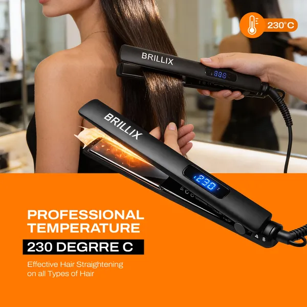 BRILLIX_Professional_Hair_Straightener_with_Digital_Display,_Titanium_Floating_Plates,_230°C_Max_Temperature,_1-Minute_Fast_Heat-Up_&_360°_Swivel_Cord_(Black)