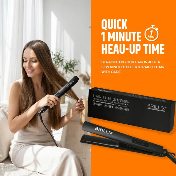 BRILLIX_Professional_Hair_Straightener_with_Digital_Display,_Titanium_Floating_Plates,_230°C_Max_Temperature,_1-Minute_Fast_Heat-Up_&_360°_Swivel_Cord_(Black)