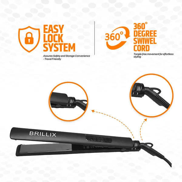 BRILLIX_Professional_Hair_Straightener_with_Digital_Display,_Titanium_Floating_Plates,_230°C_Max_Temperature,_1-Minute_Fast_Heat-Up_&_360°_Swivel_Cord_(Black)