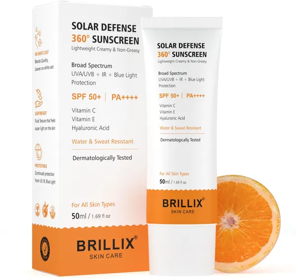 BRILLIX_SOLAR_DEFENSE_360°_Sunscreen_SPF_50+_PA++++_|_Broad_Spectrum_UVA/UVB_+_IR_+_Blue_Light_Protection_|_With_Vitamin_C,_E_&_Hyaluronic_Acid_|_Water-Resistant,_Non-Greasy,_No_White_Cast_|_50_ml