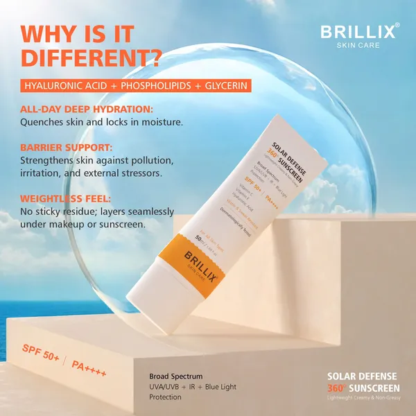 BRILLIX_SOLAR_DEFENSE_360°_Sunscreen_SPF_50+_PA++++_|_Broad_Spectrum_UVA/UVB_+_IR_+_Blue_Light_Protection_|_With_Vitamin_C,_E_&_Hyaluronic_Acid_|_Water-Resistant,_Non-Greasy,_No_White_Cast_|_50_ml
