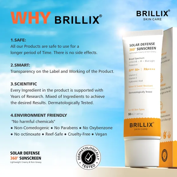 BRILLIX_SOLAR_DEFENSE_360°_Sunscreen_SPF_50+_PA++++_|_Broad_Spectrum_UVA/UVB_+_IR_+_Blue_Light_Protection_|_With_Vitamin_C,_E_&_Hyaluronic_Acid_|_Water-Resistant,_Non-Greasy,_No_White_Cast_|_50_ml