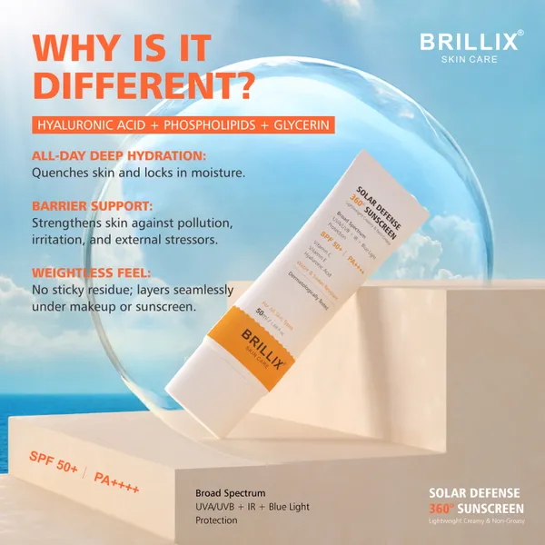 BRILLIX_SOLAR_DEFENSE_360°_Sunscreen_SPF_50+_PA++++_|_Broad_Spectrum_UVA/UVB_+_IR_+_Blue_Light_Protection_|_With_Vitamin_C,_E_&_Hyaluronic_Acid_|_Water-Resistant,_Non-Greasy,_No_White_Cast_|_50_ml
