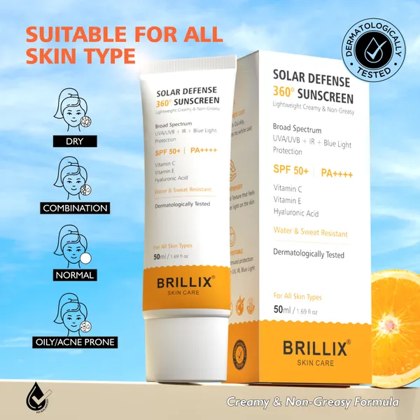 BRILLIX_SOLAR_DEFENSE_360°_Sunscreen_SPF_50+_PA++++_|_Broad_Spectrum_UVA/UVB_+_IR_+_Blue_Light_Protection_|_With_Vitamin_C,_E_&_Hyaluronic_Acid_|_Water-Resistant,_Non-Greasy,_No_White_Cast_|_50_ml