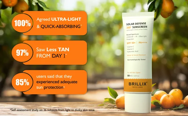 BRILLIX_SOLAR_DEFENSE_360°_Sunscreen_SPF_50+_PA++++_|_Broad_Spectrum_UVA/UVB_+_IR_+_Blue_Light_Protection_|_With_Vitamin_C,_E_&_Hyaluronic_Acid_|_Water-Resistant,_Non-Greasy,_No_White_Cast_|_50_ml