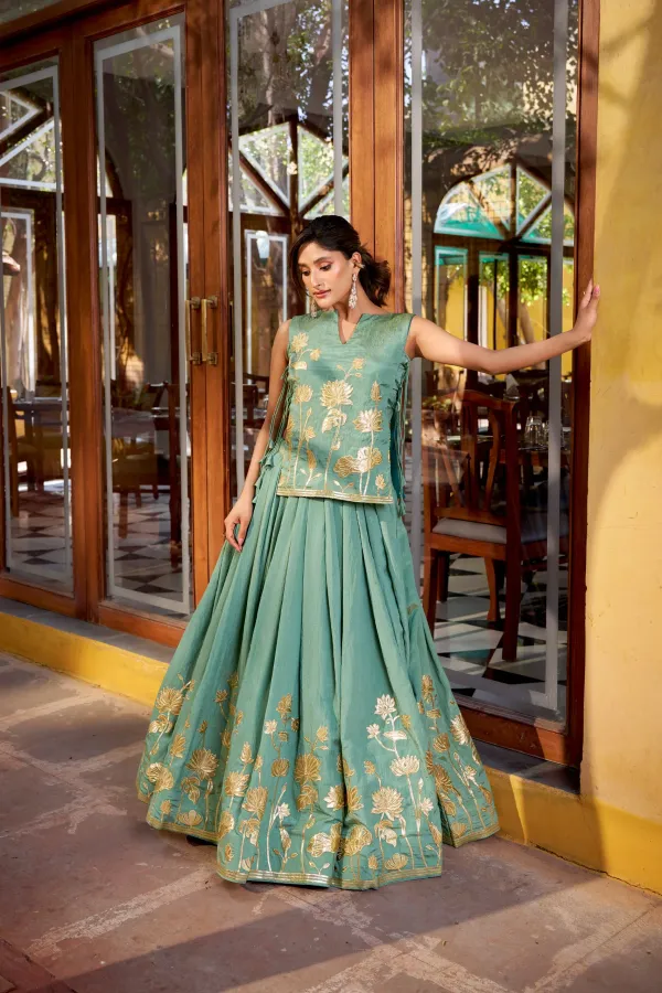 Pure_Shimmer_Embroidered_Lehenga_Set_With_Overlay_Top_Stitched_Blouse