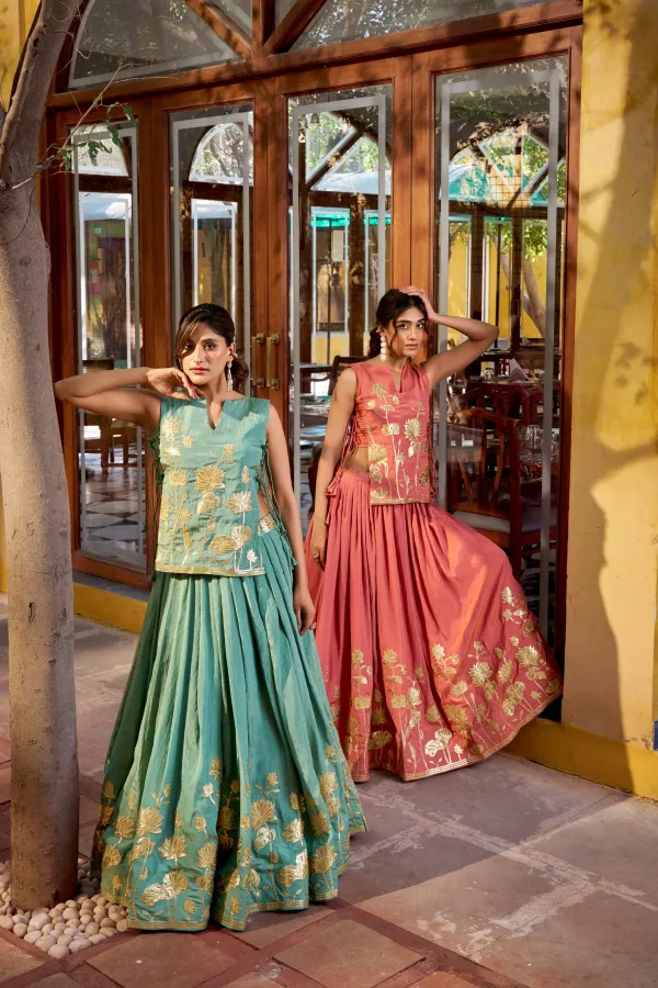 Pure_Shimmer_Embroidered_Lehenga_Set_With_Overlay_Top_Stitched_Blouse