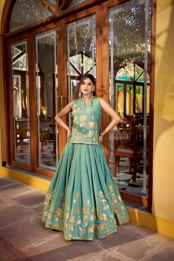 Pure_Shimmer_Embroidered_Lehenga_Set_With_Overlay_Top_Stitched_Blouse