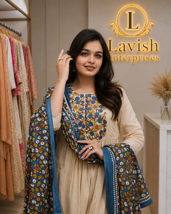 Cotton_A-Line_Kurta_Set_with_beautiful_Kalamkari_Dupatta