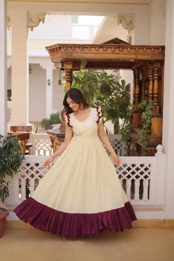 Off-White_Party_Wear_Cotton_Embroidered_Gown_With_Double_Frill_Sleeves