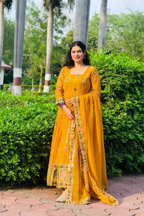 Yellow_Shine_This_Festival_Anarkali_Suit_With_Pant_And_Dupatta