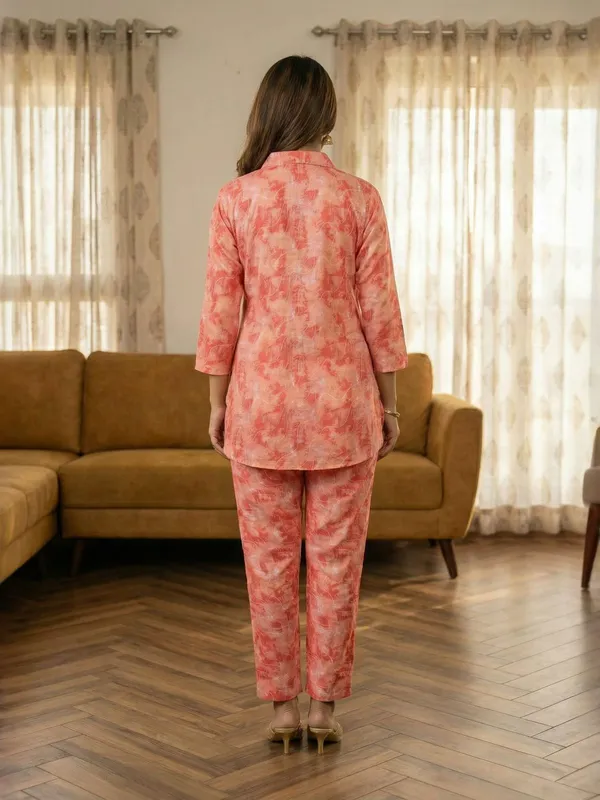 Peach_Cotton_Floral_Printed_3/4_Sleeve_Straight_Kurti_Pant_Set_For_Women