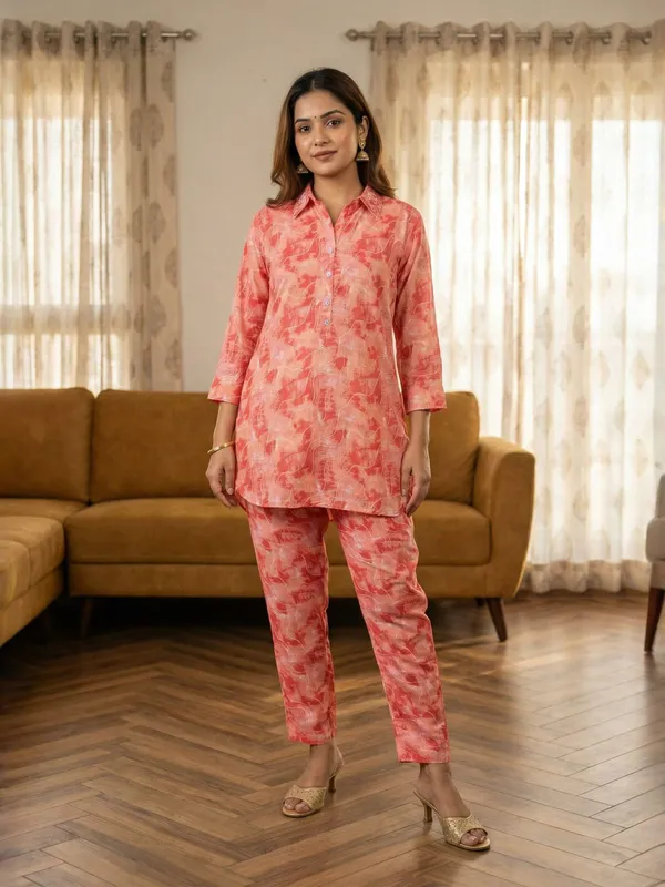 Peach_Cotton_Floral_Printed_3/4_Sleeve_Straight_Kurti_Pant_Set_For_Women