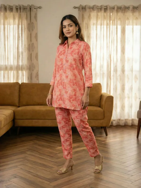 Peach_Cotton_Floral_Printed_3/4_Sleeve_Straight_Kurti_Pant_Set_For_Women