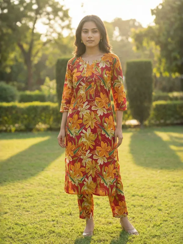 Red_And_Yellow_Cotton_Floral_Print_Printed_Straight_Kurta_For_Women