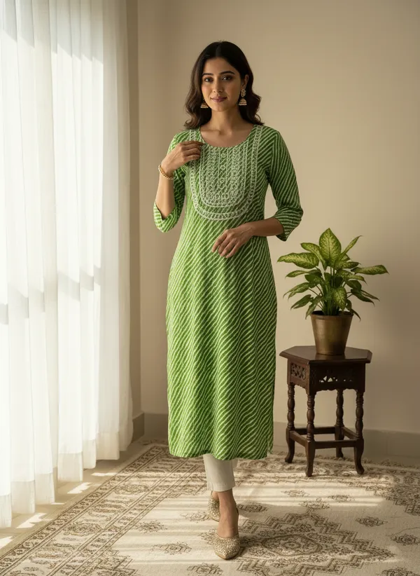 Green_Striped_Printed_Straight_Kurti_With_Embroidered_Yoke_For_Women