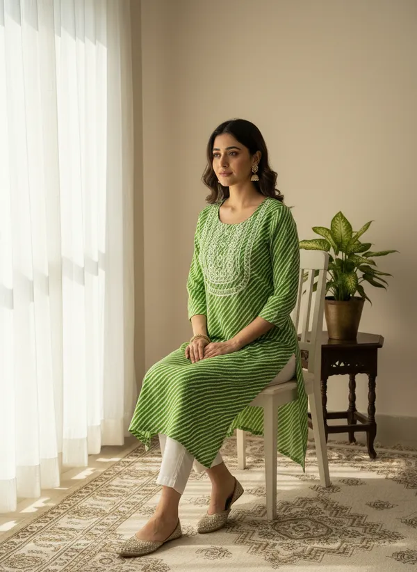Green_Striped_Printed_Straight_Kurti_With_Embroidered_Yoke_For_Women