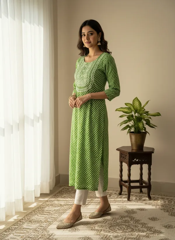 Green_Striped_Printed_Straight_Kurti_With_Embroidered_Yoke_For_Women
