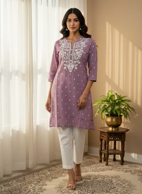 Lavender_Embroidered_Straight_Short_Kurti_For_Women