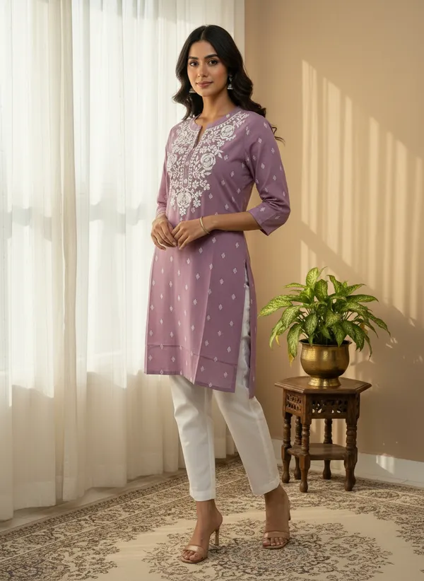 Lavender_Embroidered_Straight_Short_Kurti_For_Women