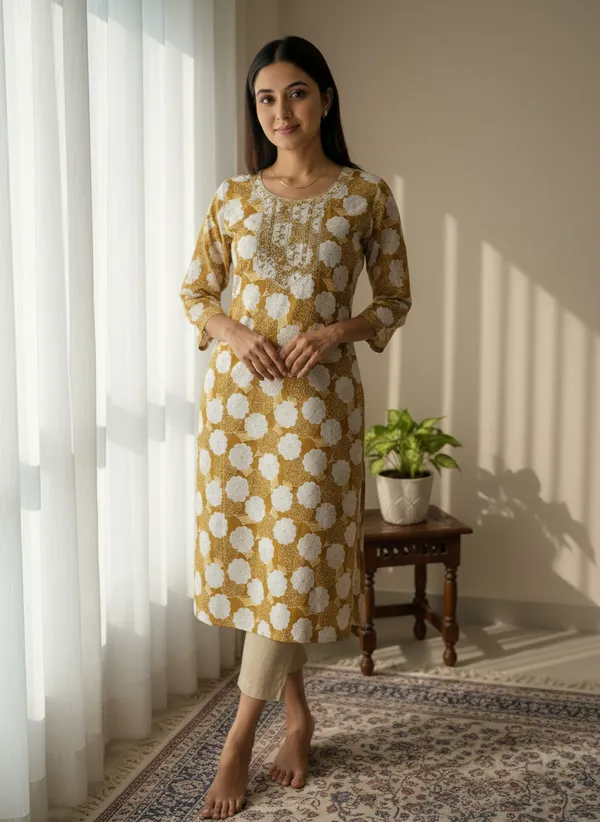Mustard_Floral_Printed_Straight_Kurti_With_3/4_Sleeves_For_Women