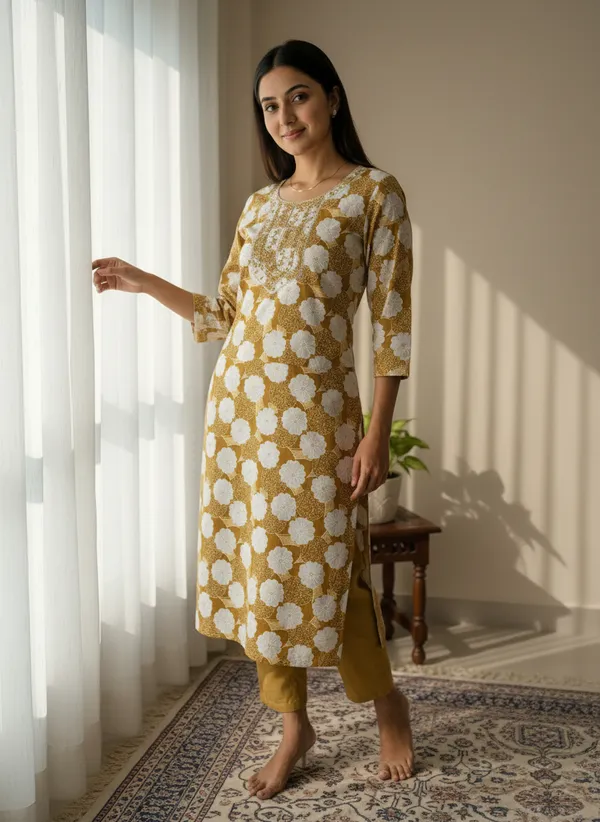 Mustard_Floral_Printed_Straight_Kurti_With_3/4_Sleeves_For_Women