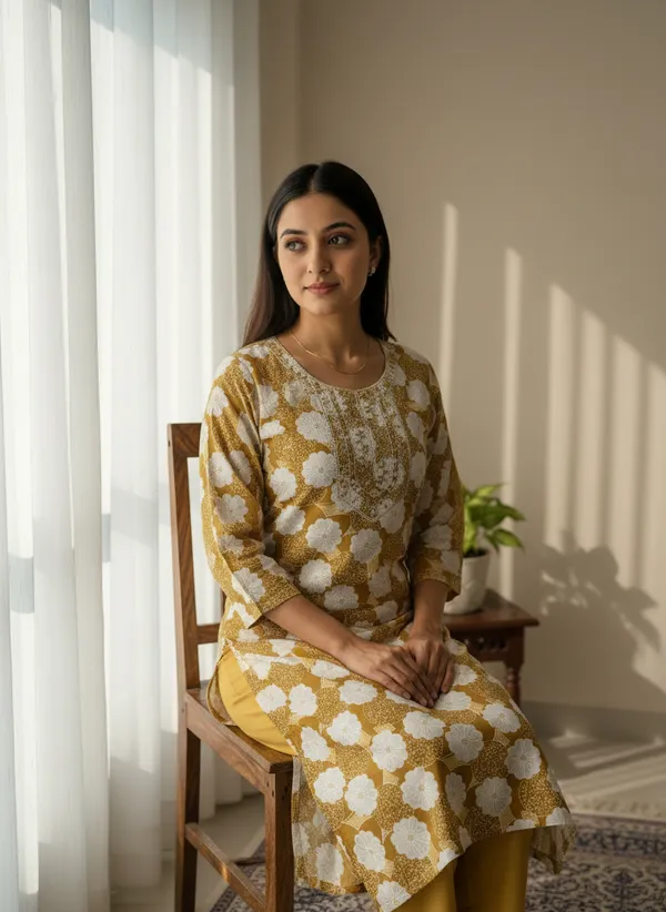 Mustard_Floral_Printed_Straight_Kurti_With_3/4_Sleeves_For_Women